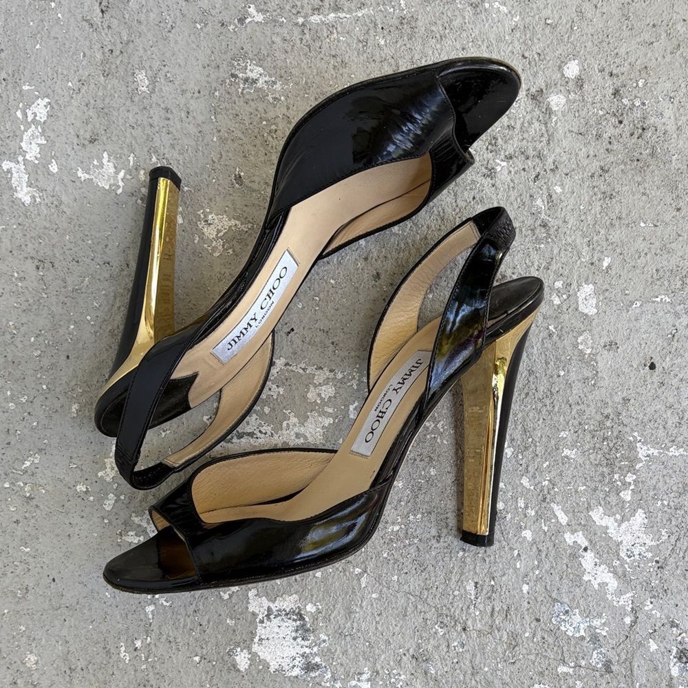 Jimmy Choo Black Patent Leather Slingback Heels with Gold Metallic Heel